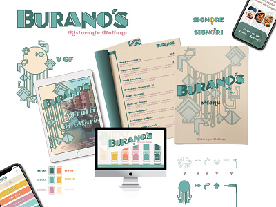 Burano's Ristorante Italiano Branding Package art deco inspired brand identity brand moodboard branding burano buranoisland graphic design illustration italiano key visual logo menu design restaurant branding restaurant design ristorante seafood seascape ui user interface design vector art