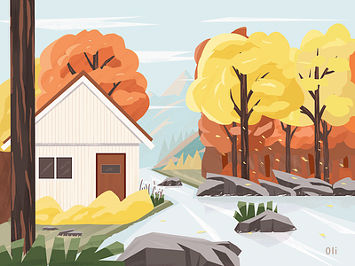 Autumn Forest Cabin autumn forest illustration stream