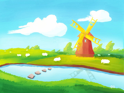 Windmill on the river bank art autumn design forest illustration illustration art illustrations original art stream