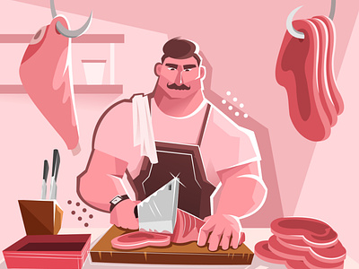 The Butcher adobe illustrator art butcher character concept creative design designs drawing dribbble fresh illustration inspire knives light meat pink simple style vector
