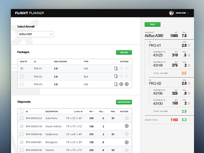 Flight Planner corporate data design flight interface layout numbers shipment ui ux web