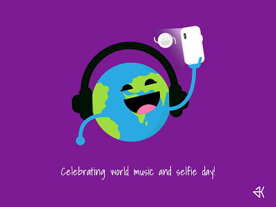 World Music and Selfie Day character cute earth earth happy earth headphone illustration moon phone selfie day world world music day