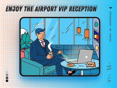 Enjoy airport VIP waiting service branding character design illustration movie poster travel typography vector vip