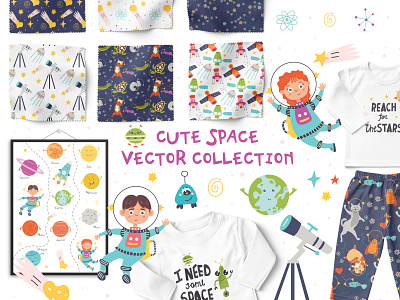 Cute Space Vector Collection astrology astronaut baby carpet character design flat galaxy illustration lettering monster nursery pattern planet poster robot solar system space universe vector zodiac sign