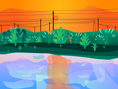 diabari art fish illustration illustrator lamp mountain nature sunset trees vector water