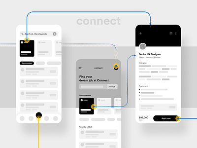 Connect App - Wireframes app black clean design design flat job job application job board job listing mobile app mobile app design product resume ui ux wireframe wireframe design