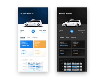 AI Annotation App - Datasets Report - Light and Dark Themes artificial intelligence dark background design driverless car google mobile app reports ui ux waymo