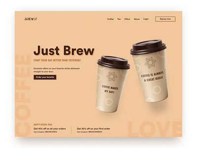 Brew It - Landing Page Exploration brew coffee coffee cup coffee shop cold brew design flat landing landing page minimalism photoshop ui ux web design website