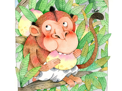 The Monkey And The Peaches chinese illustration monkey peach tree