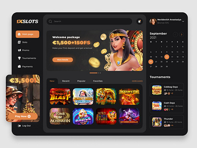 1XSLOTS design concept 1xslots 2021 casino deposit design gambling games main page payments product promo search slots tournaments ui ux welcome package