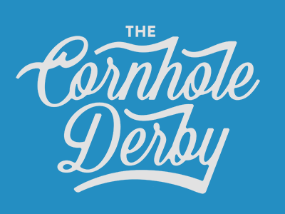 The Cornhole Derby blue branding cornhole event fundraiser icons logo script summer wordmark