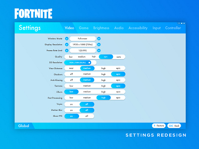 DailyUI Challenge #7 [Fortnite Settings] Page Re-Design blue color dailyui design flat fortnite logo minimal re design ui ux web webdesign website