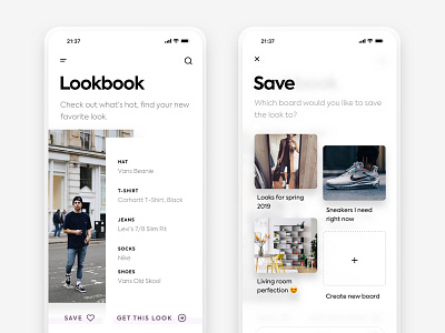 Lookbook app boards bookmarks browse discover fashion fashion app grid ios iphone iphone 10 iphone x iphone xr iphone xs lookbook minimal modal popover ui ux