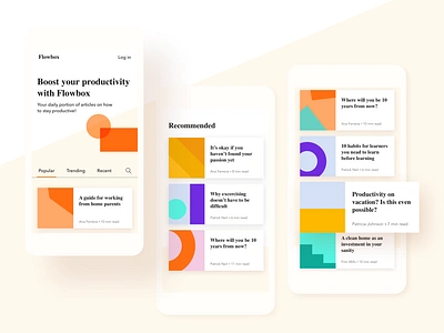 Productivity News & Articles app article articles blog post blog posts card categories cover design flat design graphic graphic design illustration mobile mobile ui news productivity shapes typography ux