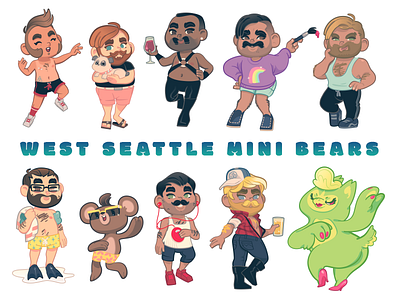 West Seattle Mini Bears Characters 1-10 bear beard cartoon character flat vector