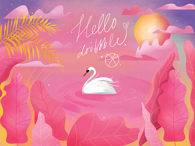 Hello, Dribbble ! <3 artist bird first shot hello dribble illustration leaves love moonlight pink swan
