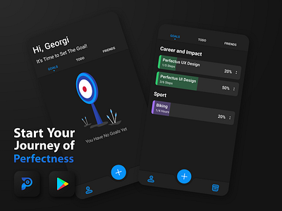 Perfectus APP UI Design android app android design app app design blue icons dark mode dark theme goals app gradient icon gradient logo icon design material design schedule schedule app target to do app ui design uidesign ux design