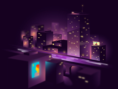Foggy night 2d buildings city illustration vector