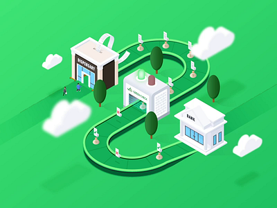Isometric Drawing for Cannabis Compliance Website bank cannabis clouds compliance conveyor belt dispensary green illustration isometric landscape marijuana weed