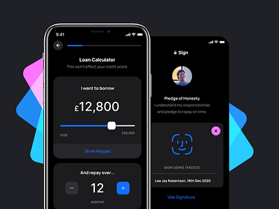 Loan Application With Face ID app app design app protoype banking banking app banking ui kit dark mode fintech app loan app loan calculator mobile app designer mobile ui design neobank neobanking product design sliders ui user interface user interface design ux