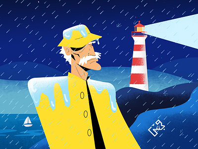 The Lighthouse Rain animation beach blue boat design flat illustration light lighthouse man oldman person in rain procreate rain raincoat raining rainy sea vector yellow