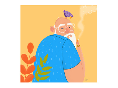 The old man & his bird 2d bird blue character dean fume glasses illustration illustration art illustrator old old man plant smoke smokey yellow