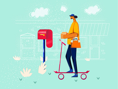 postman & his cat 2d cat character characterdesign design illustration illustrator mailbox postman yellow