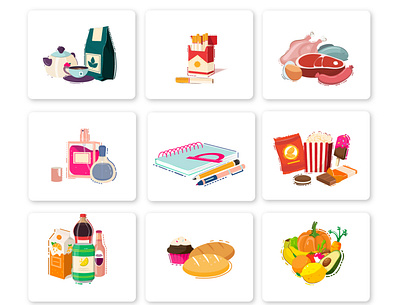 Products Category 2d app design application bread category color design drink fruit illustration illustrator junk food milk mobile ui product shop smoke ui vector vegetable