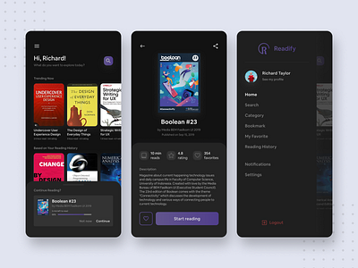 Dark Mode E-Book App — Exploration Design black book clean dark dark mode dark ui elegant exploration home home page magazine read reading simple ui ui design ux