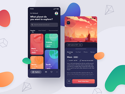Space Travel App — Exploration Design booking booking app dark mode dark theme detail page exploration explore gradient home page mars mobile mobile design navy planet search bar space spaceship ticket travel travel app