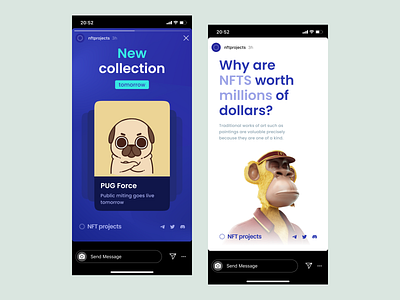 Stories for NFT project announcements design figma minimal typography ui ux web website
