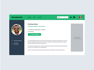 Tutor App Profile app bio clean graduate green navigation profile sidebar tutor ui user web