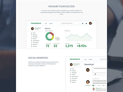 Landing page chart dashboard education features feed landing metrics newsfeed prelaunch showcase the graduate web