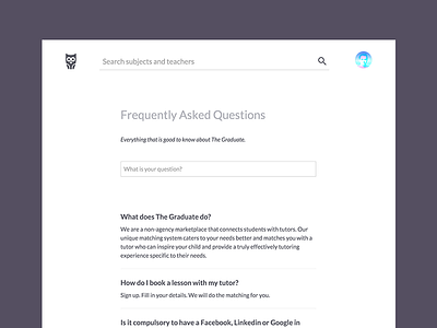 FAQ Page app clean faq minimal owl questions search simple the graduate ui web white