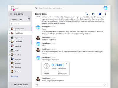 Conversations app bar communication conversations invoice messages notifications owl sidebar the graduate tutors web