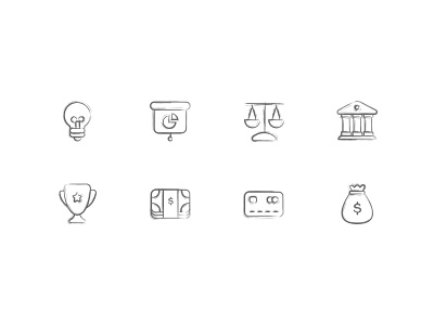 Handdrawn Business And Money Icons bank bulb business card chart dollar money presentation scale trophy