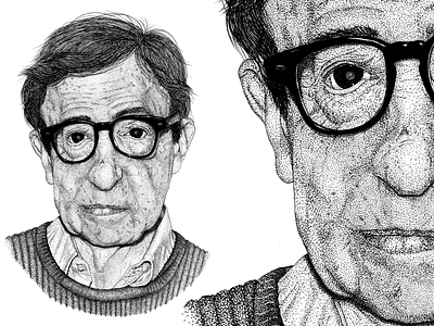 Woody Allen black and white dot shading dotwork drawing illustration liner portrait stippling