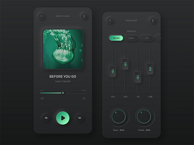 Music Player with Equalizer - Dark Nuemorphic UI appui dark dark app dark theme dark ui equalizer gradient green minimal mobile mobile app mobile ui music player neumorphic neumorphism rounded corners sea green shadow ui uidesign