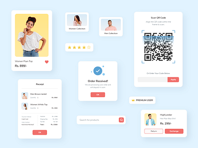 Shopping App Components app appui blue clean design fashion interface mobile mobile ui red simple ui ui design uidesign ux web yellow