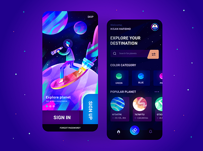 EXPLORE PLANETS-APP app branding colorful darkmode debutshot design explore home illustration illustrator invitation loginscreen planet signin space texture ticket uidesign uiux