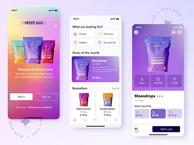 Sweet Jane E-Commerce App app branding cbd commerce daily ui design e commerce graphic design ios app marijuana packaging shopping shopping app thc ui user interface design ux weed