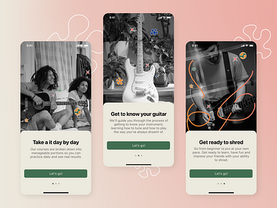 Let's Shred Welcome Screens branding daily ui design educational app guitar guitar app learning platform music music app onboarding screen ui uiux design ux welcome screens