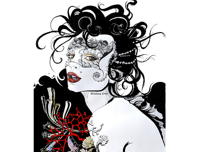 Mask. Jellyfish art design illustration portait акварель белое графика графический дизайн иллюстратор тушь художник черное