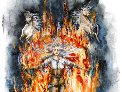 Ciri. The Power of Fire 2д cirilla illustration portait the witcher акварель дизайн единорог книжная иллюстрация огонь