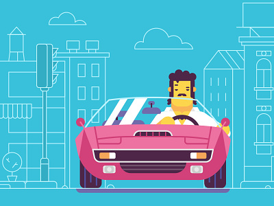 Man in car 80s / PornHub / BangFit 80s animation car character flat illustration line man simple stolz vector