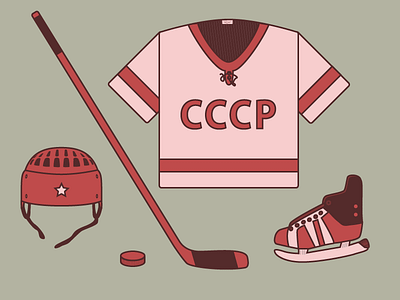 USSR hockey equipment helmet hockey hockey puck hockey stick illustration skates sports ussr vector
