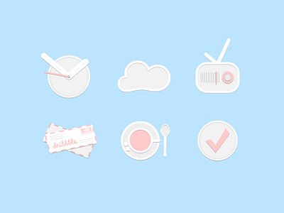 icclo check clock cloud cup dribbble flat icons illustration letter radio spoon vector