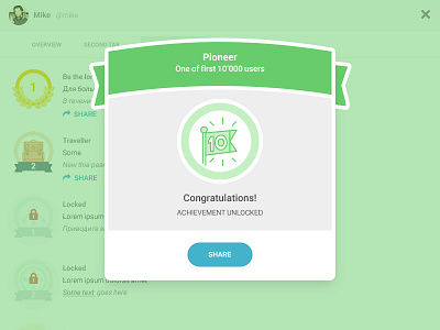 Popup achievement badge button congrats interface overlay pioneer popup share ui unlocked ux