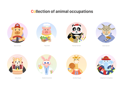 A collection of animal occupations animal athletes cat chefs elephant firefighters giraffe illustration nannies panda rabbit scientists sheep