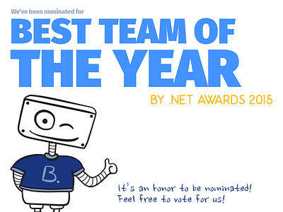 Booking.com is nominated for Best Team of the Year! .net awards blue booking booking.com netawards2015 nomination robot typography vote